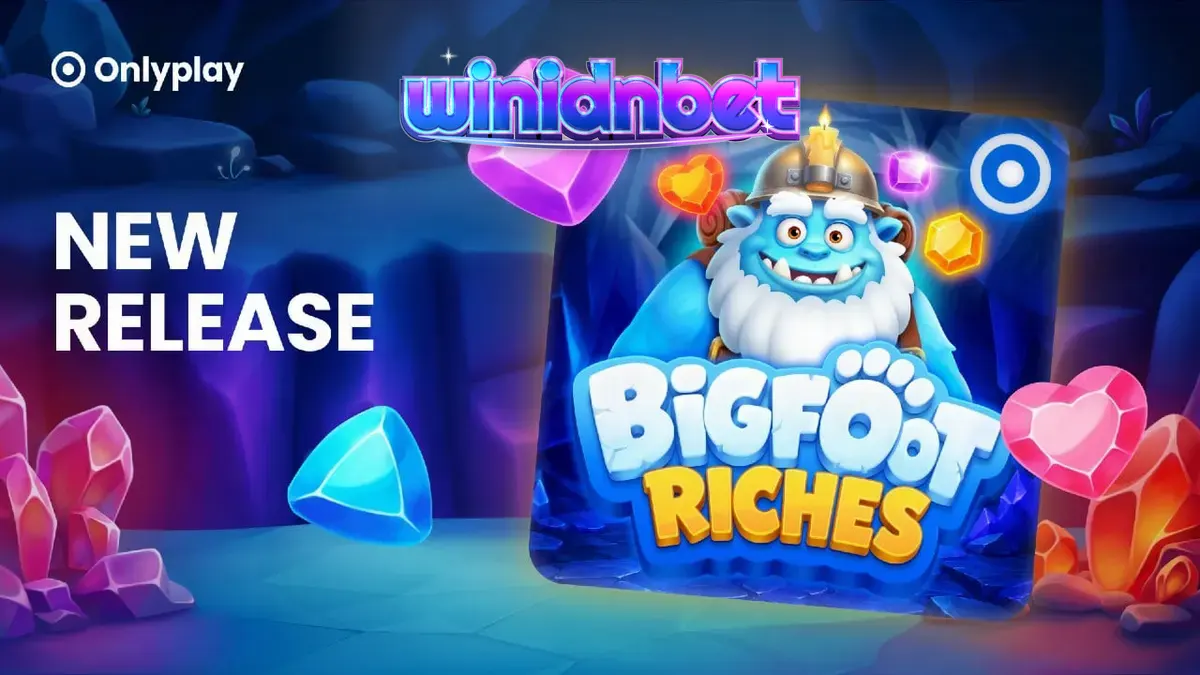 Pemandangan musim dingin dalam slot Bigfoot Riches dengan elemen kristal dan jejak kaki